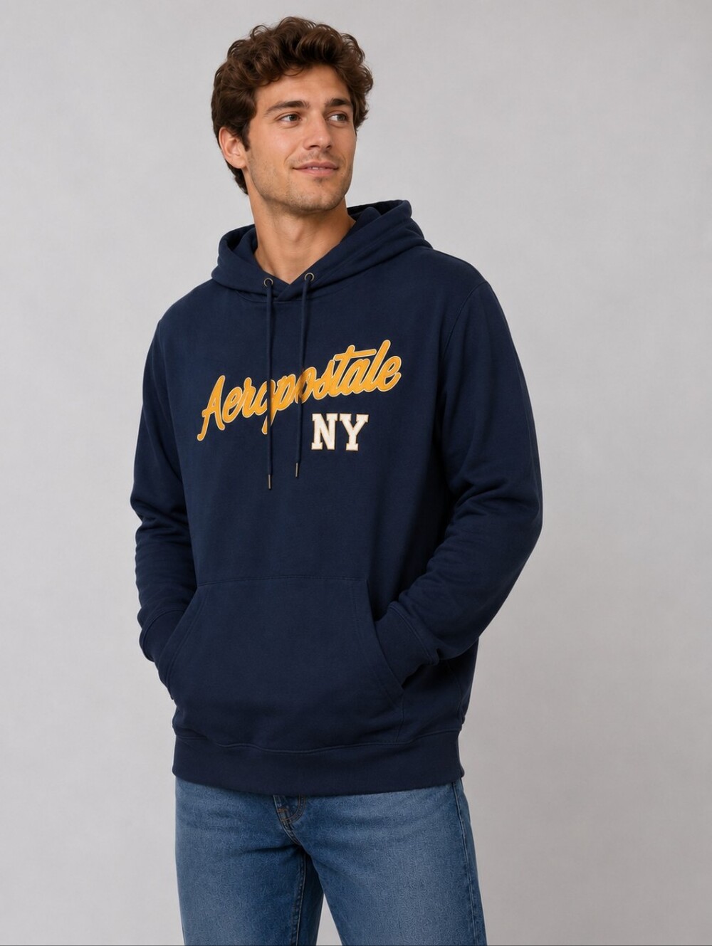 Aeropostale Navy Hoodie with Yellow And White Script Men's Large New With Tag